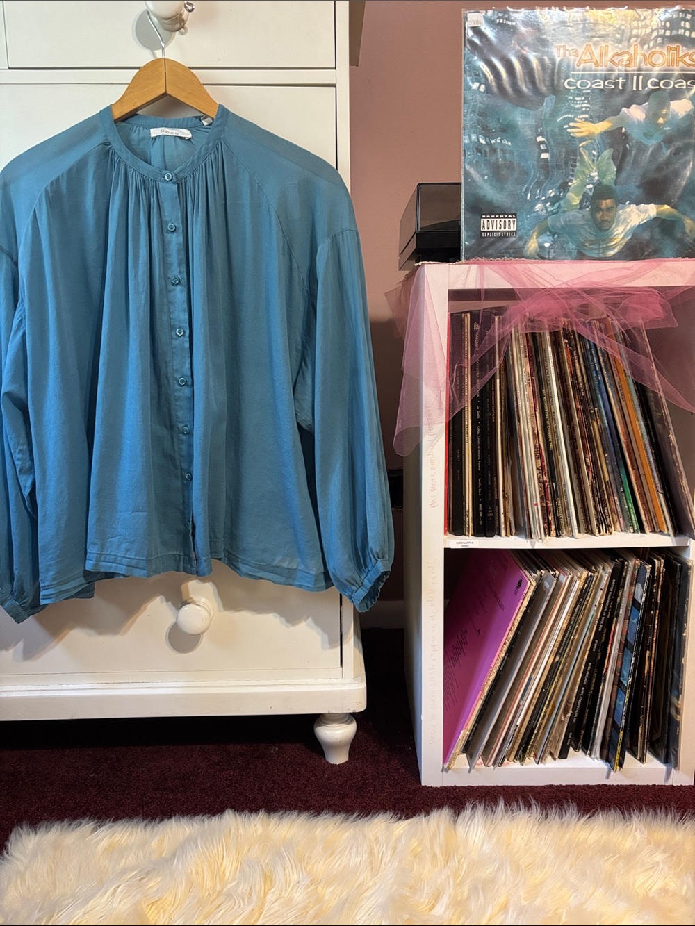 Doen Jane Blouse Peasant Blue Poplin Small 100% Organic Cotton Prairie Button